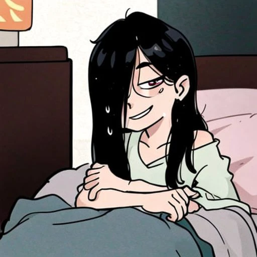 masterpiece, best quality, sweat,(sadako_yamamura),  <lora:Sadakobest:1>, <lora:cartoonFanartStyle_v10:0.7>, getting out of bed, comfy bed, scruffly hair, messy hair, ugh,red eyes,((cartoon fanart style)), uneasy smile, (smiling:1.5),