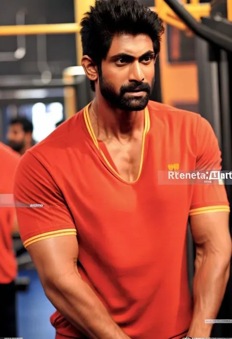 4k, Sendhil Ramamurthy a man <lora:rana-daggubati_Sendhil-Ramamurthy:1> in the gym, sweaty, muscular, abs, pecs, slight smile, back to camera, flexing, guys in the background admiring him.