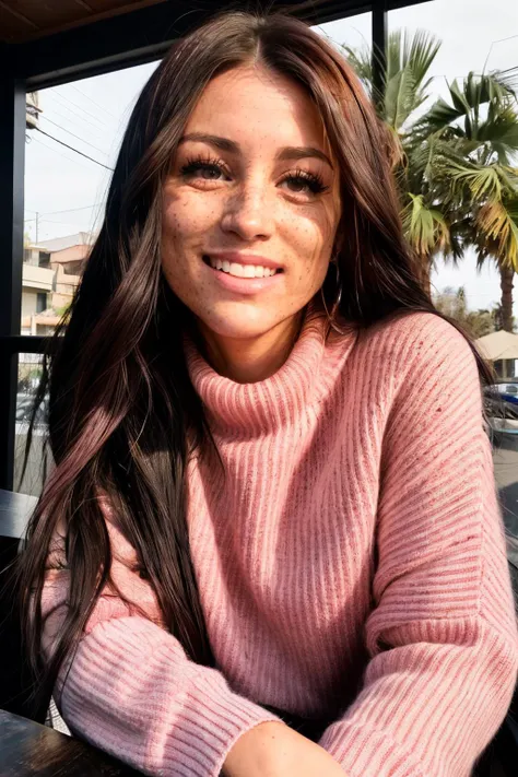 amandaGar1 piercing eyes, looking straight, very happy,long hair, wearing an pink  sweater, closeup portrait, in a outdoor cafe in 2015, afternoon light
