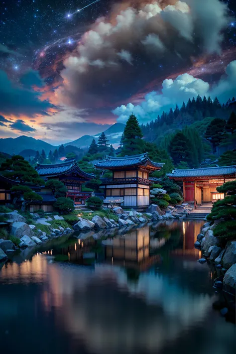 (realistic:1.3), finely detailed, quality, rembrandt lighting, (masterpiece:1.2), (photorealistic:1.2), (best quality), (intricate details), dramatic, ray tracing, kyoto, kinkakuji temple, lake, (far shot, establishing shot:1.5), water, (reflection:1.1), night sky, stars, milky way, <lora:reflection pool:1>