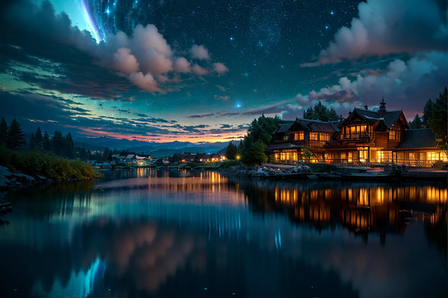 (realistic:1.3), finely detailed, quality, rembrandt lighting, (masterpiece:1.2), (photorealistic:1.2), (best quality), (intricate details), dramatic, ray tracing, lake, (far shot, establishing shot:1.5), water, (reflection:1.1), night sky, stars, milky way, <lora:reflection pool:1>