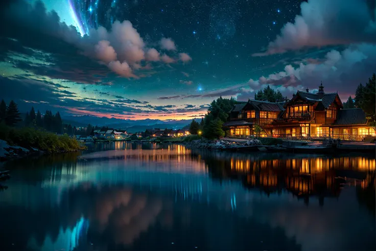 (realistic:1.3), finely detailed, quality, rembrandt lighting, (masterpiece:1.2), (photorealistic:1.2), (best quality), (intricate details), dramatic, ray tracing, lake, (far shot, establishing shot:1.5), water, (reflection:1.1), night sky, stars, milky way, <lora:reflection pool:1>