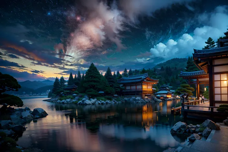 (realistic:1.3), finely detailed, quality, rembrandt lighting, (masterpiece:1.2), (photorealistic:1.2), (best quality), (intricate details), dramatic, ray tracing, kyoto, kinkakuji temple, lake, (far shot, establishing shot:1.5), water, (reflection:1.1), night sky, stars, milky way, <lora:reflection pool:1>