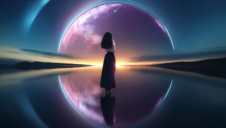 ((((ultra illustrated style:1.0)))),best quality,best animated,masterpiece,ray tracing, global illumination,reflection,1girl, solo, star (sky), starry sky, sky, reflection, letterboxed, night, signature, scenery, standing, night sky, long hair, dress, water, skirt, milky way