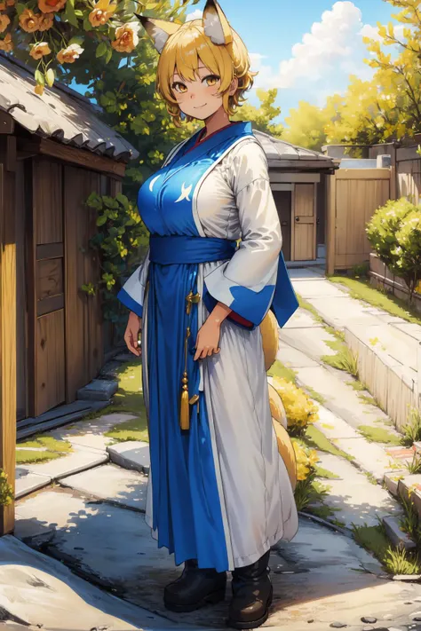 ((masterpiece)), ((best quality)), ((extremely detailed)), illustration, high-res, absurdres, realistic, perfect anatomy, perfect composition, prefect lighting, extremely beautiful, incredibly detailed hairline, uncreditable quality, Chanta, sole, standing, full body, solemn, looking at viewer, matured, toned, 4k, underboob, fox ears, white cap, (fox_tail, 9+tails):1.8, yellow short hair, smile, long kimono, blue tabard, dress, very long sleeves, white boots, detailed eyes description, octane rendering, huge file size, colorful contrast, shrine wonderland. <lora:Chanta_LoRA-02:0.65>