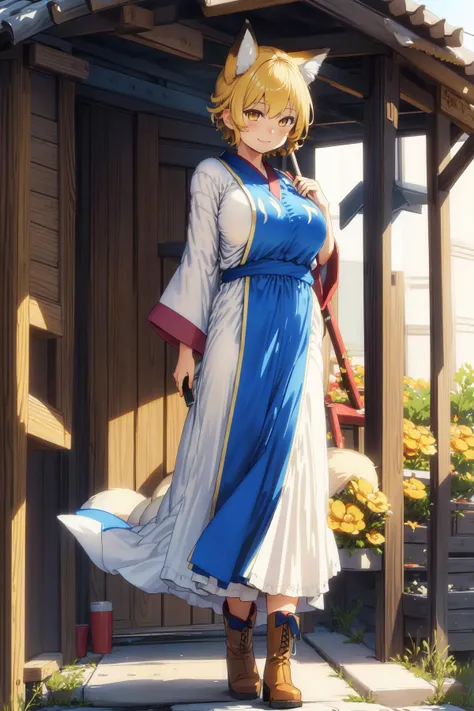 ((masterpiece)), ((best quality)), ((extremely detailed)), illustration, high-res, absurdres, realistic, perfect anatomy, perfect composition, prefect lighting, extremely beautiful, incredibly detailed hairline, uncreditable quality, Chanta, sole, standing, full body, solemn, looking at viewer, matured, toned, 4k, underboob, fox ears, white cap, (fox_tail, 9+tails):1.8, yellow short hair, smile, long kimono, blue tabard, dress, very long sleeves, white boots, detailed eyes description, octane rendering, huge file size, colorful contrast, shrine wonderland. <lora:Chanta_LoRA-02:0.65>
