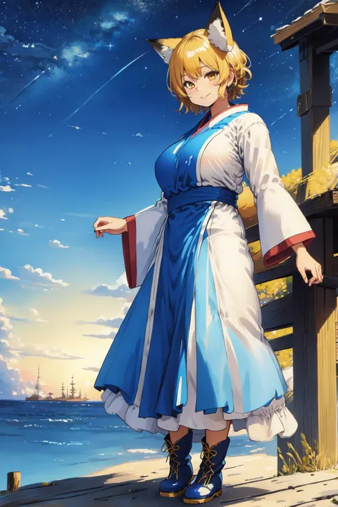 ((masterpiece)), ((best quality)), ((extremely detailed)), illustration, high-res, absurdres, realistic, perfect anatomy, perfect composition, prefect lighting, extremely beautiful, incredibly detailed hairline, uncreditable quality, Chanta, sole, standing, full body, solemn, looking at viewer, matured, toned, 4k, underboob, fox ears, white cap, (fox_tail, 9+tails):1.8, yellow short hair, smile, long kimono, blue tabard, dress, very long sleeves, white boots, detailed eyes description, octane rendering, huge file size, colorful contrast, shrine wonderland. <lora:Chanta_LoRA-02:0.65>