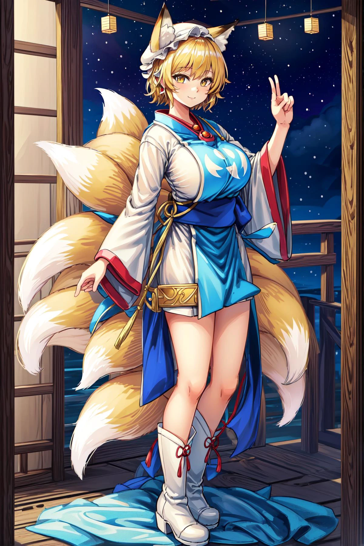 ((masterpiece)), ((best quality)), ((extremely detailed)), (perfect anatomy), (perfect composition), illustration, high-res, absurdres, realistic, prefect lighting, extremely beautiful, incredibly detailed hairline, uncreditable quality, 1girl, Chanta, sole, fox_girl, standing, full body, solemn, looking at viewer, matured, toned, fox ears, white cap, (fox_tail, 9+tails):3.8, yellow short hair, smile, long kimono, blue tabard, dress, very long sleeves, white boots, calligraphy, amulet, talisman, written charm, detailed eyes description, octane rendering, huge file size, colorful contrast, shrine wonderland, intricate details, hyper detailed. <lora:Chanta_LoRA-02:0.65> <lora:add_detail:0.5>