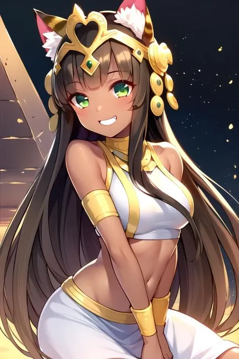 ((masterpiece,best quality)), absurdres,
<lora:Bastet_v1-10:0.7>, bastet_PD, 1girl, solo, white skirt, brown hair, green eyes, tiara, cat ears, dark skin, jewelry, midriff, very long hair,
happy, big smile, detailed face, close up, pyramid, desert,