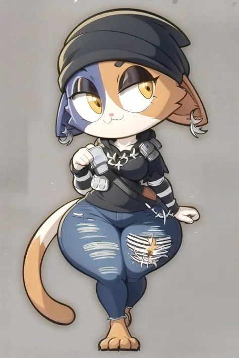tansau, full body, chibi, wide hips, thick thighs, <lora:tansau-17_v3:0.9>, 1girl, solo, meowskulls, (noseless, no nose:1.3), beanie, amber eyes, black eyeshadow, cat ears, fish hook piercing, black hoodie, striped sleeves, necklace, bandolier, black jeans, torn jeans, wallet chain, cat tail, furry, <lora:meowskulls-v1:0.9>