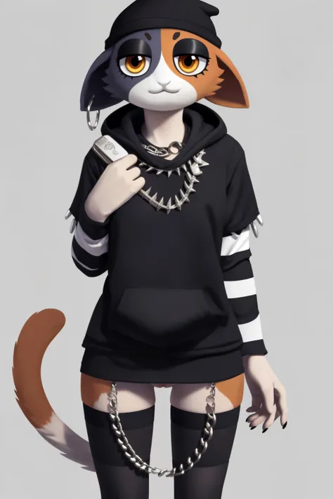 1girl, solo, meowskulls, (noseless, no nose:1.3), beanie, amber eyes, black eyeshadow, cat ears, fish hook piercing, black cropped hoodie, striped sleeves, necklace, bandolier, black thighhighs, wallet chain, cat tail, furry, <lora:meowskulls-v1:0.9>, cowboy shot, bottomless, pussy, standing, open arms, :<, <lora:pokemon_v3_offset:0.8>