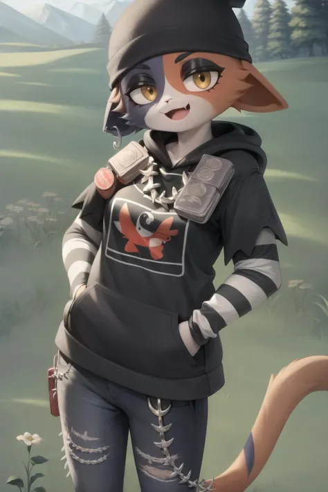 (best quality, masterpiece:1), solo, (shaded face:1.2), furry female anthro meowskulls, (noseless:1.3), standing, hands in pocket, tail, smile, looking at viewer, open mouth, bandolier, necklace, wallet chain, wide-eyed, beanie, black hoodie, striped sleeves, black jeans, fish hook piercing, (grass dirt background background:1.1), <lora:meowskulls-v1:0.8>