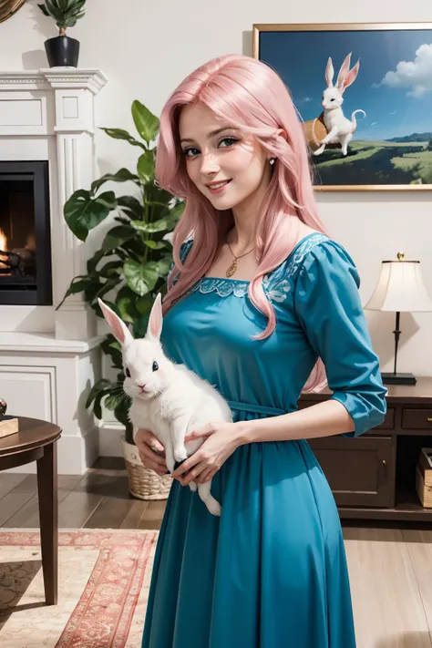 mlpfluttershy, long pink hair, butterfly ornament, yellow skin, blue eyes, blue dress, looking at viewer,happy, smiling, (blush:1.2)
interior of a homey living room, hanging plants,  petting a  white rabbit,  extreme detail, hdr, realistic quality, analog, <lora:mlp_fluttershy:.7>