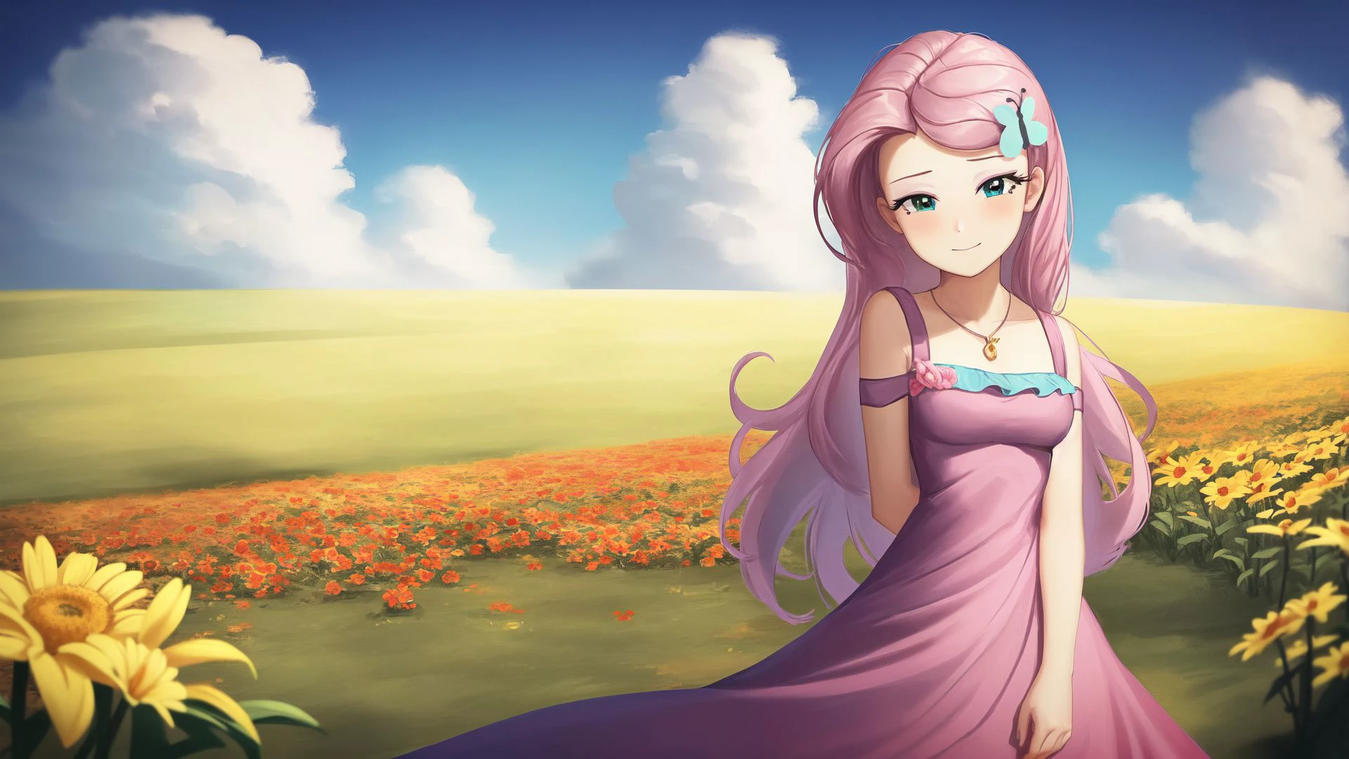 (masterpiece, best quality:1.2),<lora:mlp_fluttershy-11:1>,cowboy shot,solo,1girl,mlpfluttershy,slight smile,looking at viewer,arms behind back,hair flower,dress,in a field of flowers,clouds,dynamic lighting,