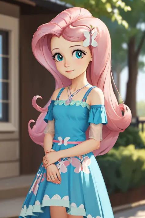 (masterpiece, best quality:1.2), <lyco:mlp_fluttershy-11:1.0>, cowboy shot, solo, 1girl, mlpfluttershy, slight smile, looking at viewer, arms behind back, hair flower, dress