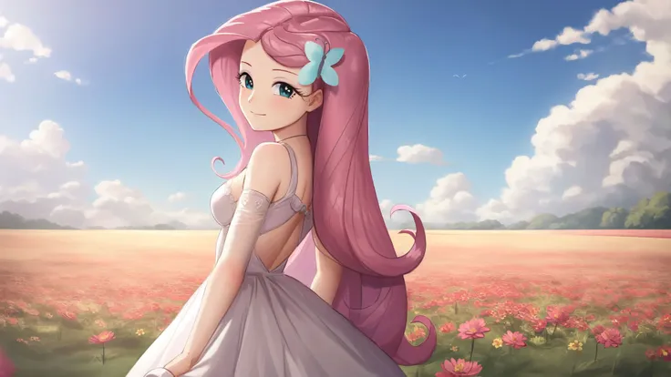 (masterpiece, best quality:1.2),<lora:mlp_fluttershy-11:1>,cowboy shot,solo,1girl,mlpfluttershy,slight smile,looking at viewer,arms behind back,hair flower,dress,in a field of flowers,clouds,dynamic lighting,