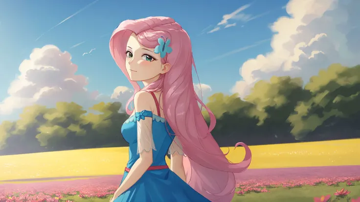 (masterpiece, best quality:1.2),<lora:mlp_fluttershy-11:1>,cowboy shot,solo,1girl,mlpfluttershy,slight smile,looking at viewer,arms behind back,hair flower,dress,in a field of flowers,clouds,dynamic lighting,
