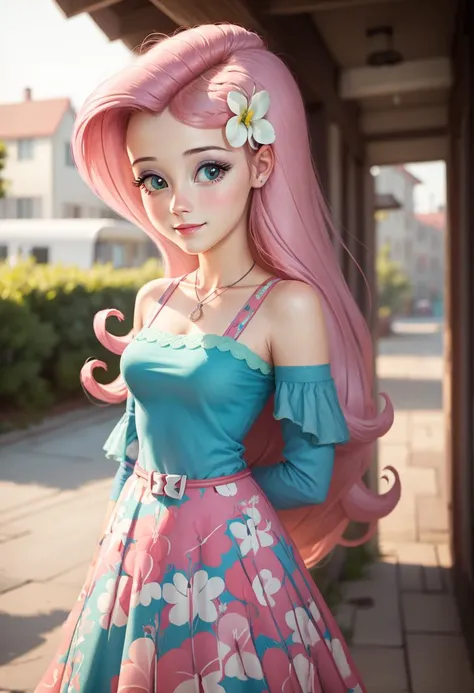 <lora:mlp_fluttershy:1>, (masterpiece, best quality:1.2), twenty years old, cowboy shot, solo, 1girl, mlpfluttershy, slight smile, looking at viewer, arms behind back, hair flower, dress, pink hair, aquamarine eyes, (cute:1.2), (pretty:1.4), (beautiful:1.4), (soft expression:1.2)