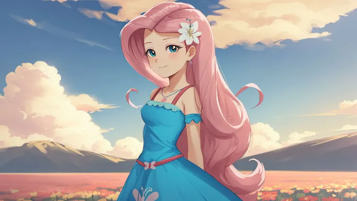 (masterpiece, best quality:1.2),<lora:mlp_fluttershy-11:1>,cowboy shot,solo,1girl,mlpfluttershy,slight smile,looking at viewer,arms behind back,hair flower,dress,in a field of flowers,clouds,dynamic lighting,