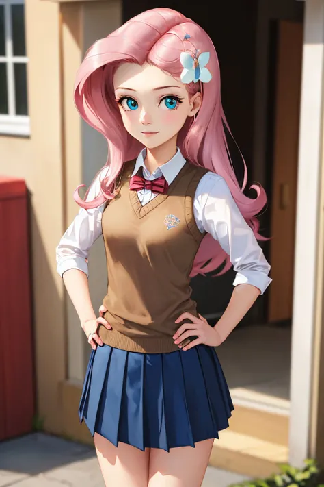(masterpiece, best quality:1.2), <lyco:mlp_fluttershy-11:0.8>, cowboy shot, solo, 1girl, mlpfluttershy, slight smile, looking at viewer, hand on hip, hair flower, school uniform, sweater vest, blue pleated skirt