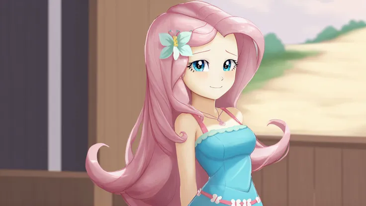 (masterpiece, best quality:1.2),<lora:mlp_fluttershy-11:1>,cowboy shot,solo,1girl,mlpfluttershy,slight smile,looking at viewer,arms behind back,hair flower,dress,