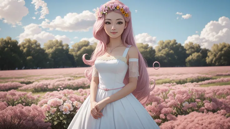 (masterpiece, best quality:1.2),<lora:mlp_fluttershy-11:1>,cowboy shot,solo,1girl,mlpfluttershy,slight smile,looking at viewer,arms behind back,hair flower,dress,in a field of flowers,clouds,dynamic lighting,