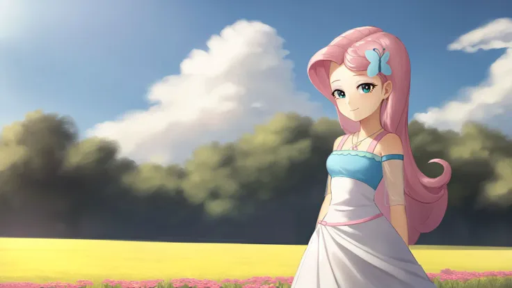 (masterpiece, best quality:1.2),<lora:mlp_fluttershy-11:1>,cowboy shot,solo,1girl,mlpfluttershy,slight smile,looking at viewer,arms behind back,hair flower,dress,in a field of flowers,clouds,dynamic lighting,