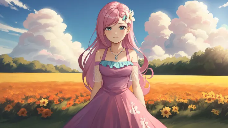 (masterpiece, best quality:1.2),<lora:mlp_fluttershy-11:1>,cowboy shot,solo,1girl,mlpfluttershy,slight smile,looking at viewer,arms behind back,hair flower,dress,in a field of flowers,clouds,dynamic lighting,