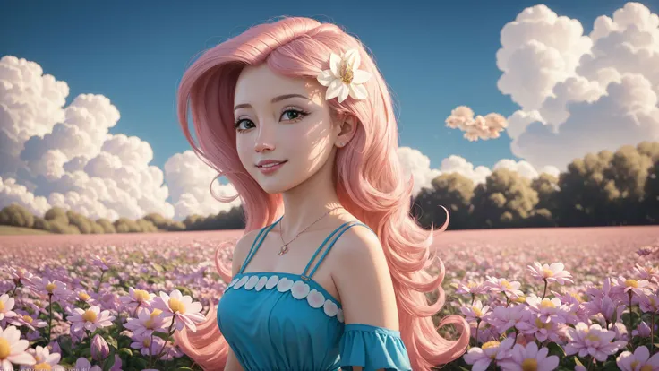 (masterpiece, best quality:1.2),<lora:mlp_fluttershy-11:1>,cowboy shot,solo,1girl,mlpfluttershy,slight smile,looking at viewer,arms behind back,hair flower,dress,in a field of flowers,clouds,dynamic lighting,