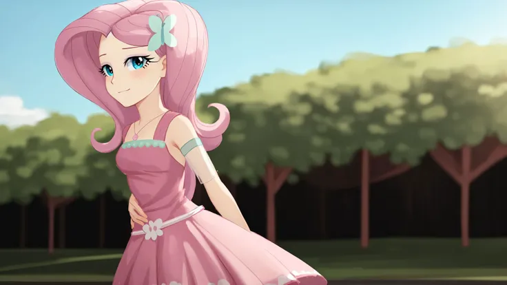 (masterpiece, best quality:1.2),<lora:mlp_fluttershy-11:1>,cowboy shot,solo,1girl,mlpfluttershy,slight smile,looking at viewer,arms behind back,hair flower,dress,