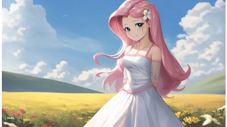 (masterpiece, best quality:1.2),<lora:mlp_fluttershy-11:1>,cowboy shot,solo,1girl,mlpfluttershy,slight smile,looking at viewer,arms behind back,hair flower,dress,in a field of flowers,clouds,dynamic lighting,