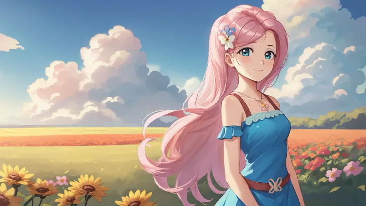 (masterpiece, best quality:1.2),<lora:mlp_fluttershy-11:1>,cowboy shot,solo,1girl,mlpfluttershy,slight smile,looking at viewer,arms behind back,hair flower,dress,in a field of flowers,clouds,dynamic lighting,