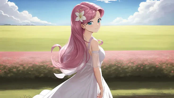 (masterpiece, best quality:1.2),<lora:mlp_fluttershy-11:1>,cowboy shot,solo,1girl,mlpfluttershy,slight smile,looking at viewer,arms behind back,hair flower,dress,in a field of flowers,clouds,dynamic lighting,