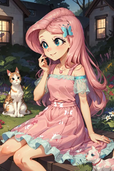 masterpiece,best quality,1girl,mlpfluttershy,hair ornament,pink hair,blue eyes,dress,smile,sitting,surrounded by cute animals,rabbits,cats,dogs,butterflys,garden,<lora:mlp_fluttershy:0.9>,