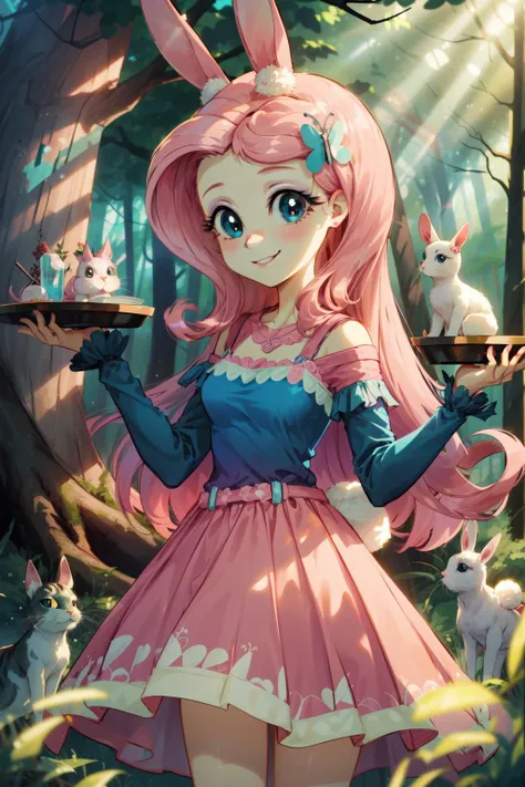 masterpiece,best quality,1girl,mlpfluttershy,hair ornament,pink hair,blue eyes,dress,smile,standing,spread arms,(surrounded by cute animals,rabbits,cats),forest,<lora:mlp_fluttershy:0.9>,