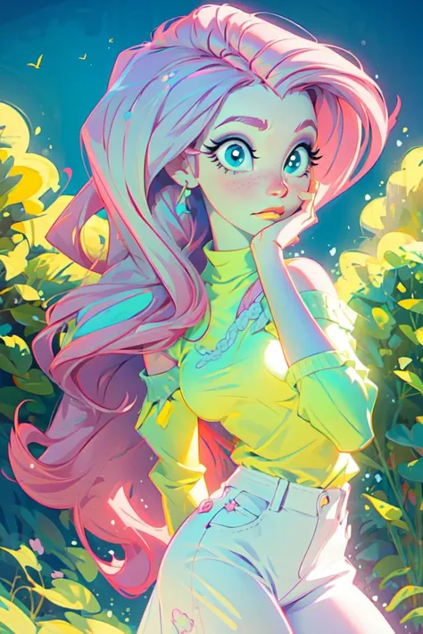 (mlpfluttershy:1.2), (pastel yellow skin, yellow skin:1.5), (pink hair, side parted hair, long hair, blue eyes, large eyelashes:1.2), (white tank top, green skirt with pink butterfly details:1.0), nature background,  (realistic:1.2),  (masterpiece:1.2), (full-body-shot:1.2),(Cowboy-shot:1.2), neon lighting, dark romantic lighting, (highly detailed:1.2),(detailed face:1.2), (gradients), colorful, detailed eyes, (detailed landscape:1.2), (natural lighting:1.2),(detailed background), detailed landscape, (shy pose:1.2), solo, <lora:mlp_fluttershy-11:0.85> <lora:add_detail:0.15> <lora:hipoly3DModelLora_v10:0.05>  <lora:RSERomantic_RSESofiko_RSEEmma-v1:0.1> <lora:BeautifulEyes:0.6>  <lora:CharacterDesign_Concept-10:0> <lyco:coloredSkin-08:0.45>