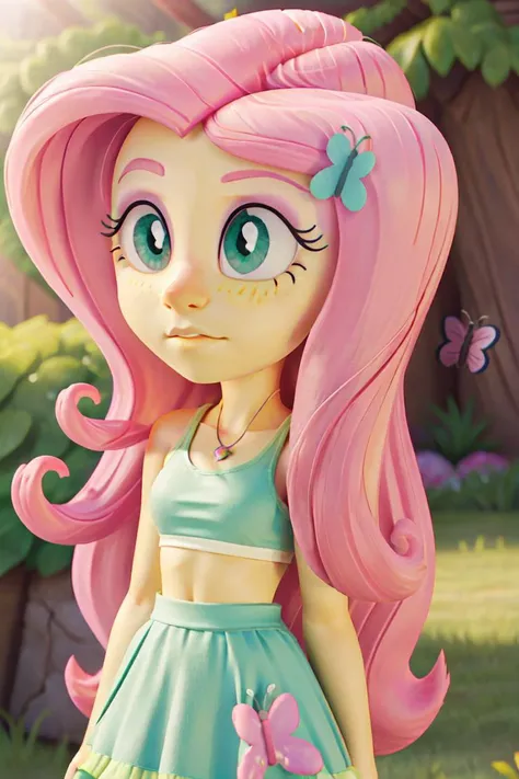 (mlpfluttershy:1.2), (pastel yellow skin, yellow skin:1.5), (pink hair, side parted hair, long hair, blue eyes, large eyelashes:1.2), (white tank top, green skirt with pink butterfly details:1.3), nature background,  (realistic:1.2),  (masterpiece:1.2), (full-body-shot:1.2),(Cowboy-shot:1.2), neon lighting, dark romantic lighting, (highly detailed:1.2),(detailed face:1.2), (gradients), colorful, detailed eyes, (detailed landscape:1.2), (natural lighting:1.2),(detailed background), detailed landscape, (shy pose:1.2), solo, <lora:mlp_fluttershy-11:0.85> <lora:add_detail:0.15> <lora:hipoly3DModelLora_v10:0.05>  <lora:RSERomantic_RSESofiko_RSEEmma-v1:0.1> <lora:BeautifulEyes:0.6>  <lora:CharacterDesign_Concept-10:0> <lyco:coloredSkin-08:0.45>