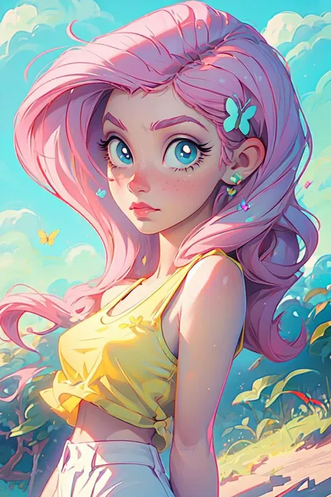 (mlpfluttershy:1.2), (pastel yellow skin, yellow skin:1.0), (pink hair, side parted hair, long hair, blue eyes, large eyelashes:1.2), (white tank top, green skirt with pink butterfly details:1.0), nature background, (realistic:1.2), (masterpiece:1.2), (full-body-shot:1.2),(Cowboy-shot:1.2), neon lighting, dark romantic lighting, (highly detailed:1.2),(detailed face:1.2), (gradients), colorful, detailed eyes, (detailed landscape:1.2), (natural lighting:1.2),(detailed background), detailed landscape, (shy pose:1.2), solo, <lora:mlp_fluttershy-11:0.85> <lora:add_detail:0.15> <lora:hipoly3DModelLora_v10:0.05> <lora:RSERomantic_RSESofiko_RSEEmma-v1:0.1> <lora:BeautifulEyes:0.6> <lora:CharacterDesign_Concept-10:0> <lyco:coloredSkin-08:0.45>