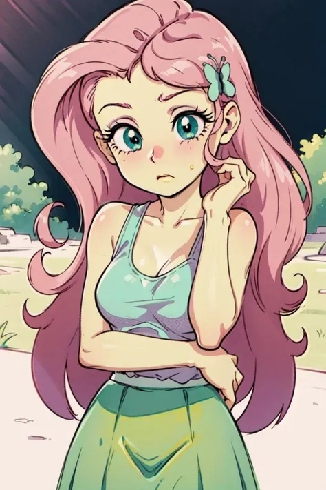 (mlpfluttershy:1.2), (pastel yellow skin, yellow skin:1.5), (pink hair, side parted hair, long hair, blue eyes, large eyelashes:1.2), (white tank top, green skirt with pink butterfly details:1.3), nature background,  (realistic:1.2),  (masterpiece:1.2), (full-body-shot:1.2),(Cowboy-shot:1.2), neon lighting, dark romantic lighting, (highly detailed:1.2),(detailed face:1.2), (gradients), colorful, detailed eyes, (detailed landscape:1.2), (natural lighting:1.2),(detailed background), detailed landscape, (shy pose:1.2), solo, <lora:mlp_fluttershy-11:0.85> <lora:add_detail:0.15> <lora:hipoly3DModelLora_v10:0.05>  <lora:RSERomantic_RSESofiko_RSEEmma-v1:0.1> <lora:BeautifulEyes:0.6>  <lora:CharacterDesign_Concept-10:0> <lyco:coloredSkin-08:0.45>