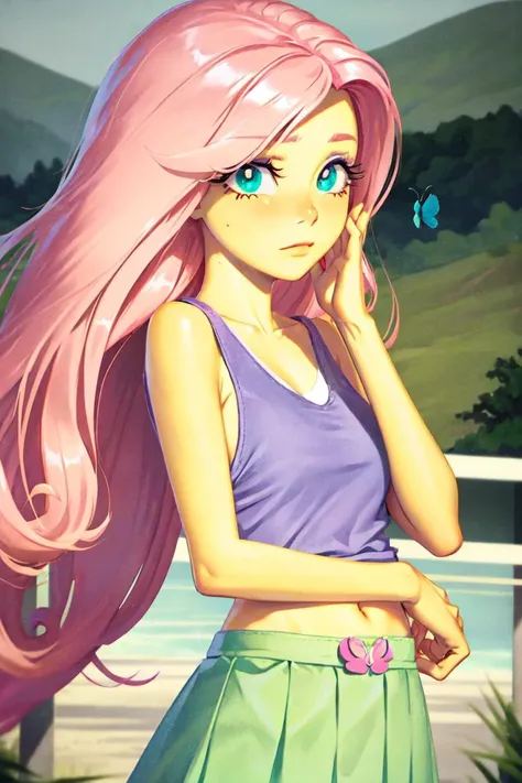 (mlpfluttershy:1.2), (pastel yellow skin, yellow skin:1.5), (pink hair, side parted hair, long hair, blue eyes, large eyelashes:1.2), (white tank top, green skirt with pink butterfly details:1.3), nature background, (realistic:1.2), (masterpiece:1.2), (full-body-shot:1.2),(Cowboy-shot:1.2), neon lighting, dark romantic lighting, (highly detailed:1.2),(detailed face:1.2), (gradients), colorful, detailed eyes, (detailed landscape:1.2), (natural lighting:1.2),(detailed background), detailed landscape, (shy pose:1.2), solo, <lora:mlp_fluttershy-11:0.85> <lora:add_detail:0.15> <lora:hipoly3DModelLora_v10:0.05> <lora:RSERomantic_RSESofiko_RSEEmma-v1:0.1> <lora:BeautifulEyes:0.6> <lora:CharacterDesign_Concept-10:0> <lyco:coloredSkin-08:0.4>