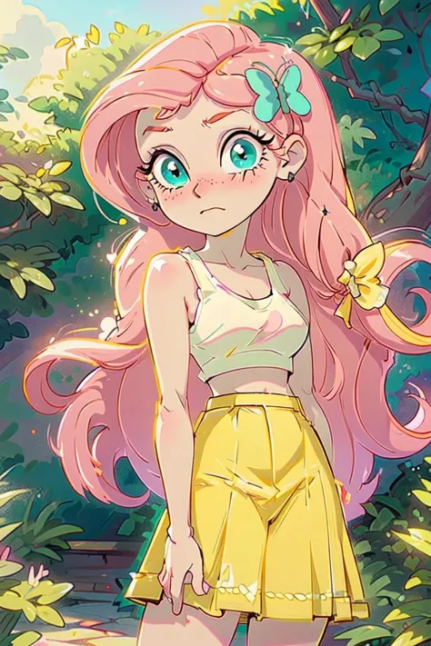(mlpfluttershy:1.2), (pastel yellow skin, yellow skin:1.5), (pink hair:1.5), (pink hair, side parted hair, long hair, blue eyes, large eyelashes:1.2), (white tank top, green skirt with pink butterfly details:1.3), nature background, (realistic:1.2), (masterpiece:1.2), (full-body-shot:1.2),(Cowboy-shot:1.2), neon lighting, dark romantic lighting, (highly detailed:1.2),(detailed face:1.2), (gradients), colorful, detailed eyes, (detailed landscape:1.2), (natural lighting:1.2),(detailed background), detailed landscape, (shy pose:1.2), solo, <lora:mlp_fluttershy-11:0.85> <lora:add_detail:0.15> <lora:hipoly3DModelLora_v10:0.05> <lora:RSERomantic_RSESofiko_RSEEmma-v1:0.1> <lora:BeautifulEyes:0.89> <lora:CharacterDesign_Concept-10:0> <lyco:coloredSkin-08:0.35>