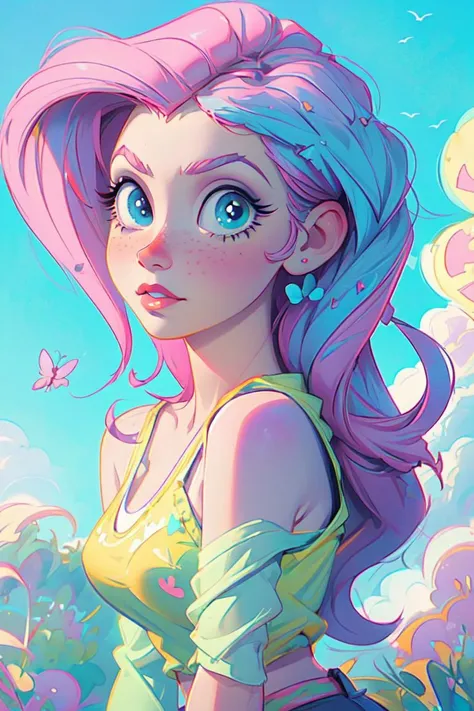 (mlpfluttershy:1.2), (pastel yellow skin), (pink hair, side parted hair, long hair, blue eyes, large eyelashes:1.2), (white tanktop, green skirt with pink butterfly details:1.0), green boots, pink polka dot stockings, nature background, (realistic:1.2), (masterpiece:1.2), (full-body-shot:1.2),(Cowboy-shot:1.2), neon lighting, dark romantic lighting, (highly detailed:1.2),(detailed face:1.2), (gradients), colorful, detailed eyes, (detailed landscape:1.2), (natural lighting:1.2),(detailed background), detailed landscape, (cute pose:1.2), solo, <lora:mlp_fluttershy-11:0.85> <lora:add_detail:0.15> <lora:hipoly3DModelLora_v10:0.05> <lora:RSERomantic_RSESofiko_RSEEmma-v1:0.1> <lora:BeautifulEyes:0.6> <lora:CharacterDesign_Concept-10:0> <lyco:coloredSkin-08:0.45>