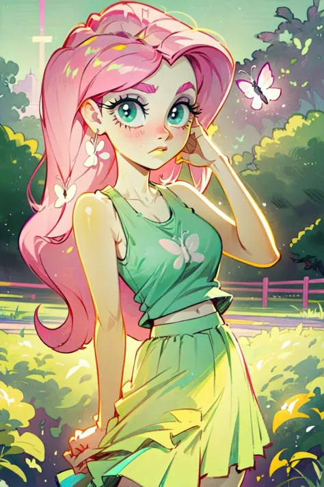 (mlpfluttershy:1.2), (pastel yellow skin, yellow skin:1.5), (pink hair, side parted hair, long hair, blue eyes, large eyelashes:1.2), (white tank top, green skirt with pink butterfly details:1.3), nature background, (realistic:1.2), (masterpiece:1.2), (full-body-shot:1.2),(Cowboy-shot:1.2), neon lighting, dark romantic lighting, (highly detailed:1.2),(detailed face:1.2), (gradients), colorful, detailed eyes, (detailed landscape:1.2), (natural lighting:1.2),(detailed background), detailed landscape, (shy pose:1.2), solo, <lora:mlp_fluttershy-11:0.85> <lora:add_detail:0.15> <lora:hipoly3DModelLora_v10:0.05> <lora:RSERomantic_RSESofiko_RSEEmma-v1:0.1> <lora:BeautifulEyes:0.6> <lora:CharacterDesign_Concept-10:0> <lyco:coloredSkin-08:0.45>