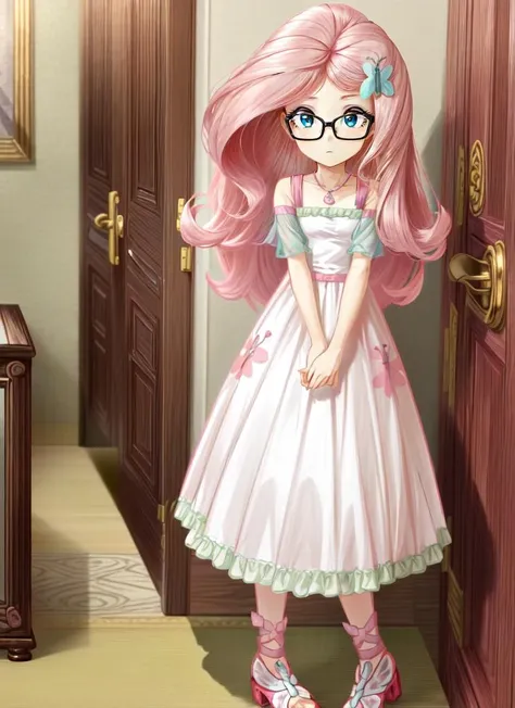 ((best quality)), ((highly detailed)), masterpiece, extremely detailed face, beautiful face, (detailed eyes, deep eyes), (1girl), (glasses), full body, <lora:hairdetailer:.8>, <lora:mlp_fluttershy:1>, mlpfluttershy, (pink hair), hair ornament, blue eyes, dress, (inside, in an entryway)