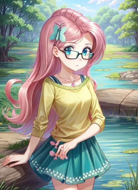 ((best quality)), ((highly detailed)), masterpiece, detailed face, beautiful face, (detailed eyes, deep eyes), (1girl), (glasses), Perspective distortion, cowboy shot, <lora:hairdetailer:1>, <lora:mlp_fluttershy:1>, mlpfluttershy, (pink hair), hair ornament, blue eyes, BREAK ((yellow sweater)), green skirt, (in a swamp, dusk)