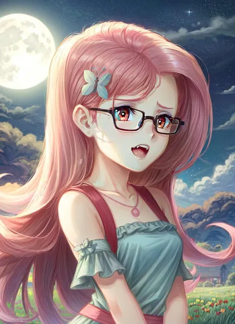((best quality)), ((highly detailed)), masterpiece, extremely detailed face, beautiful face, (detailed eyes, deep eyes), (1girl), (glasses), dynamic angle, upper body, <lora:hairdetailer:1>, <lora:mlp_fluttershy:1>, mlpfluttershy, (pink hair), hair ornament, (((red eyes:1.5, pale skin))), (pointed ears, vampire, fangs), thighhighs, (at a meadow, night, night sky, stars, broken moon)
