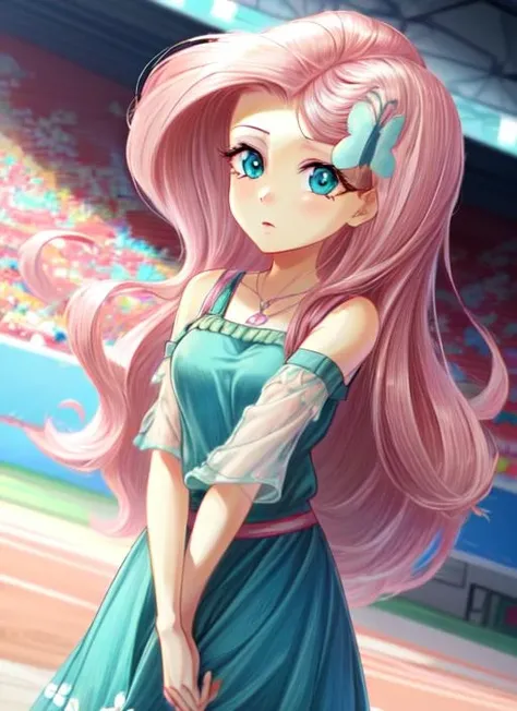 ((best quality)), ((highly detailed)), masterpiece, (detailed eyes, deep eyes), (1girl), dynamic angle, cowboy shot, <lora:hairdetailer:1>, <lora:mlp_fluttershy:1>, mlpfluttershy, pink hair, hair ornament, blue eyes, yellow sweater, green skirt, (in a stadium, afternoon)