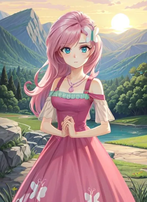 ((best quality)), ((highly detailed)), masterpiece, extremely detailed face, beautiful face, (detailed eyes, deep eyes), (1girl), cowboy shot, <lora:hairdetailer:.7>, <lora:mlp_fluttershy:1>, mlpfluttershy, pink hair, hair ornament, blue eyes, dress, (at a mountain, sun up)