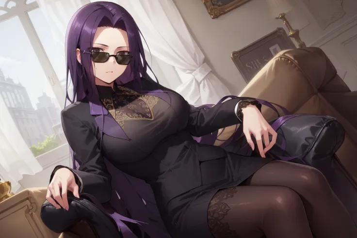 ((Masterpiece)), (Highres), 4K, Detailed, (Intricate Details:1.2), (Hyper Detailed:1.4), (Digital Art:1.2), Ornate,

(Indoors:1.4), Room, Sofa, Black Sofa, 

Mature Female, Solo, Sitting on Sofa, (Sitting:1.2),

Long Hair, Purple Hair,

Forehead, Sunglasses, Dark Sunglasses,

Curvy, Large Breasts,

Suit, Wearing Suit, Black Tie,


 <lora:Monster Musume - Kuroko Smith:0.5>