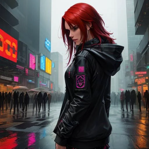 best quality, masterpiece, cinematic, realistic, cyberpunk, cyberpunk city, neon, volumetric lighting, black sky, (raining, thunderstorm), 1girl, (cyberpunk clothing, hoodie, pants, punk clothes), (flowing red hair), water reflecting off ground, from behind, ((hidden face)),